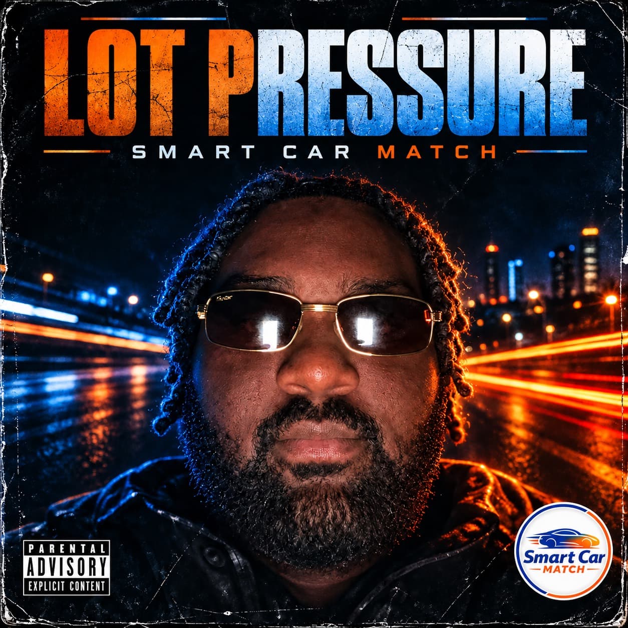 Lot Pressure album cover featuring Kahleel Rider in a SmartCarMatch lot at night
